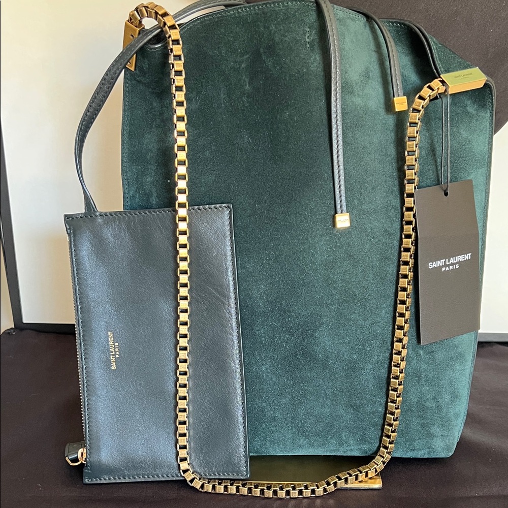 Saint Laurent Emerald Suede Tote with Gold Accents